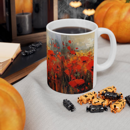 Whimsical Poppy Art on Ceramic Mug: A Burst of Joy with Every Sip