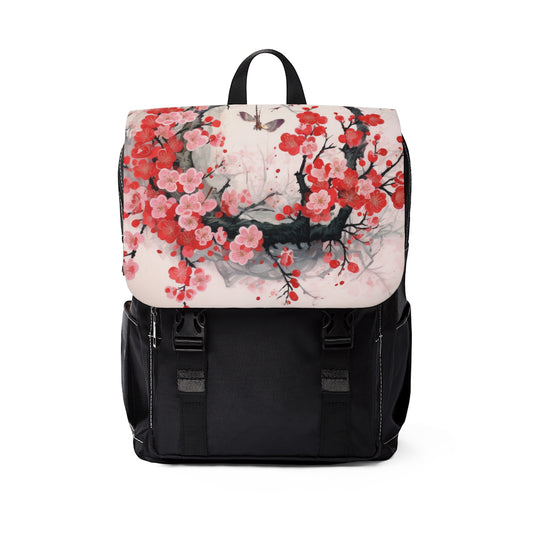 Cherry Blossom Delight: Unisex Casual Shoulder Backpack Adorned with Intricate Flower Drawings and Artistry