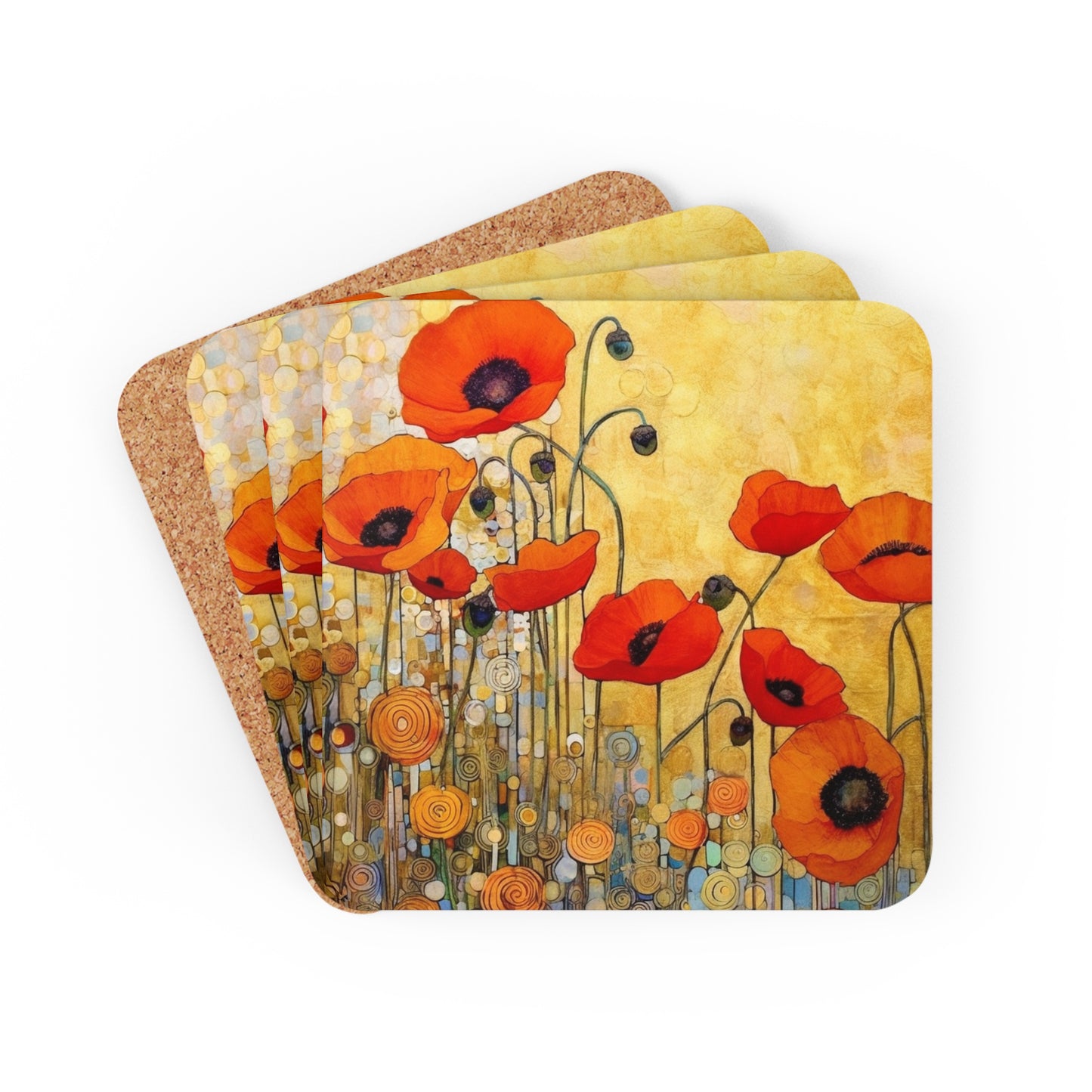 Corkwood Coaster Set Adorned with Gustav Klimt's Poppies