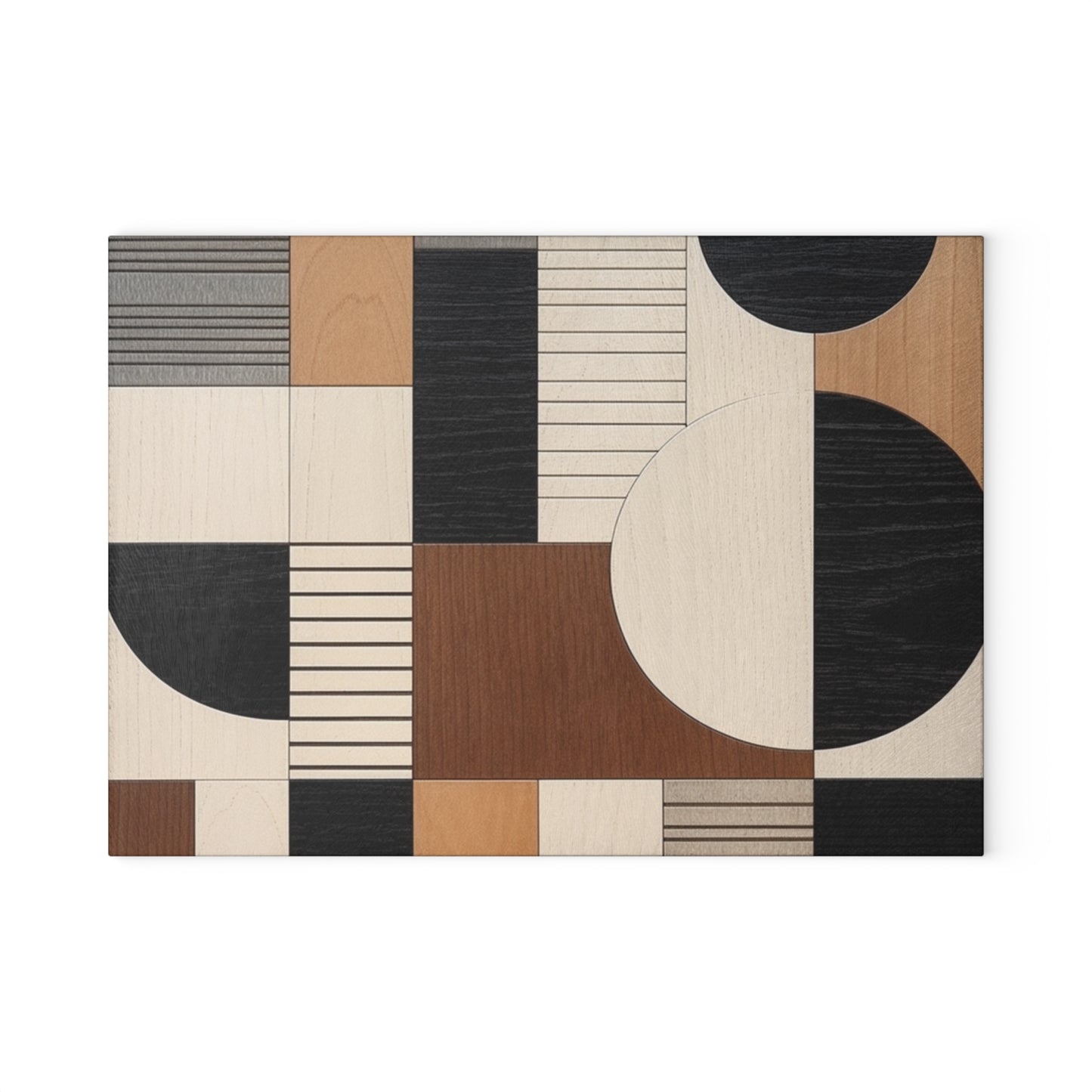 Earthy Elegance: Glass Cutting Board with Wood Veneer Mosaics and Geometric Simplicity