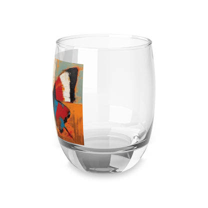 Bauhaus-Inspired Butterfly Symphony: Whiskey Glass with Vibrant Colors and Intricate Details