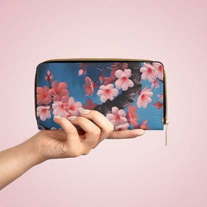 Elegant Floral Impressions: Zipper Wallet Featuring Refined Cherry Blossom Drawings