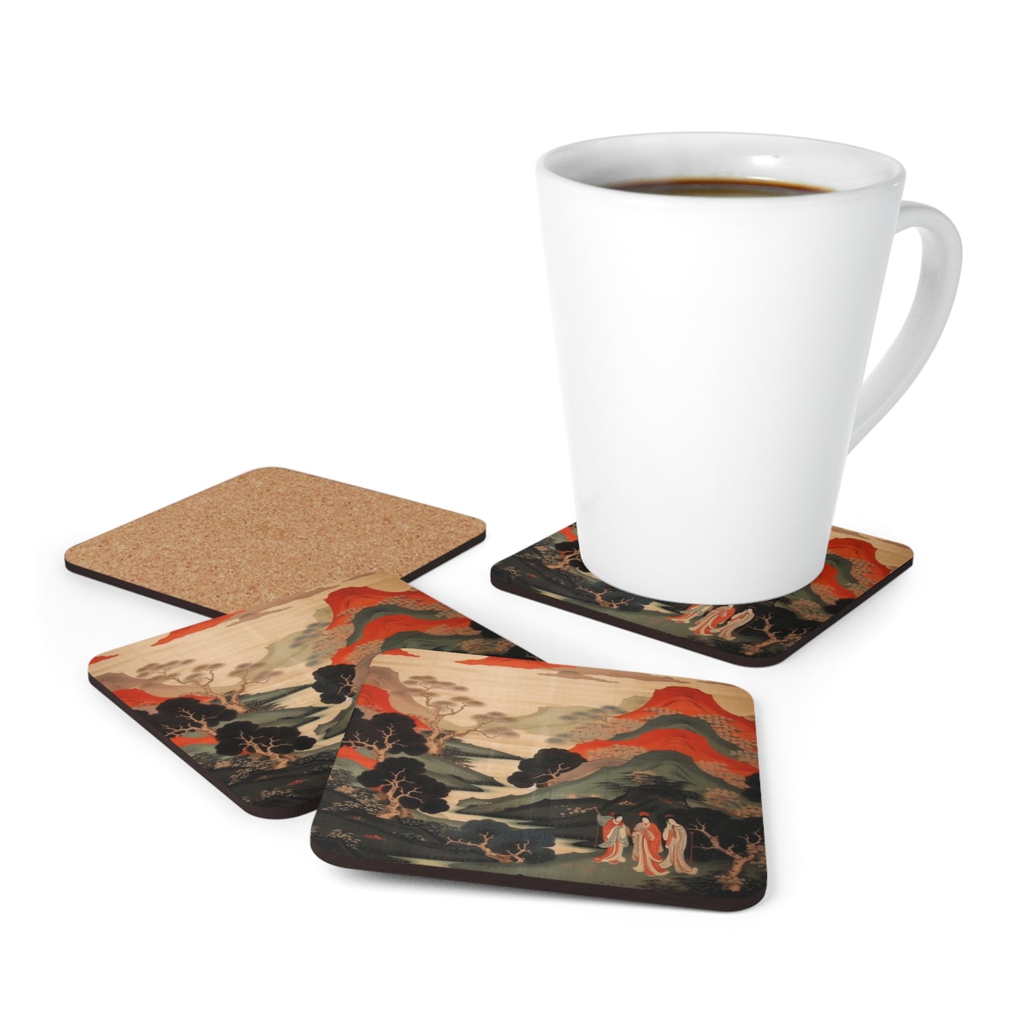 Custom Japanese Tapestry on a Corkwood Coaster Set - Unique Artistic Expression