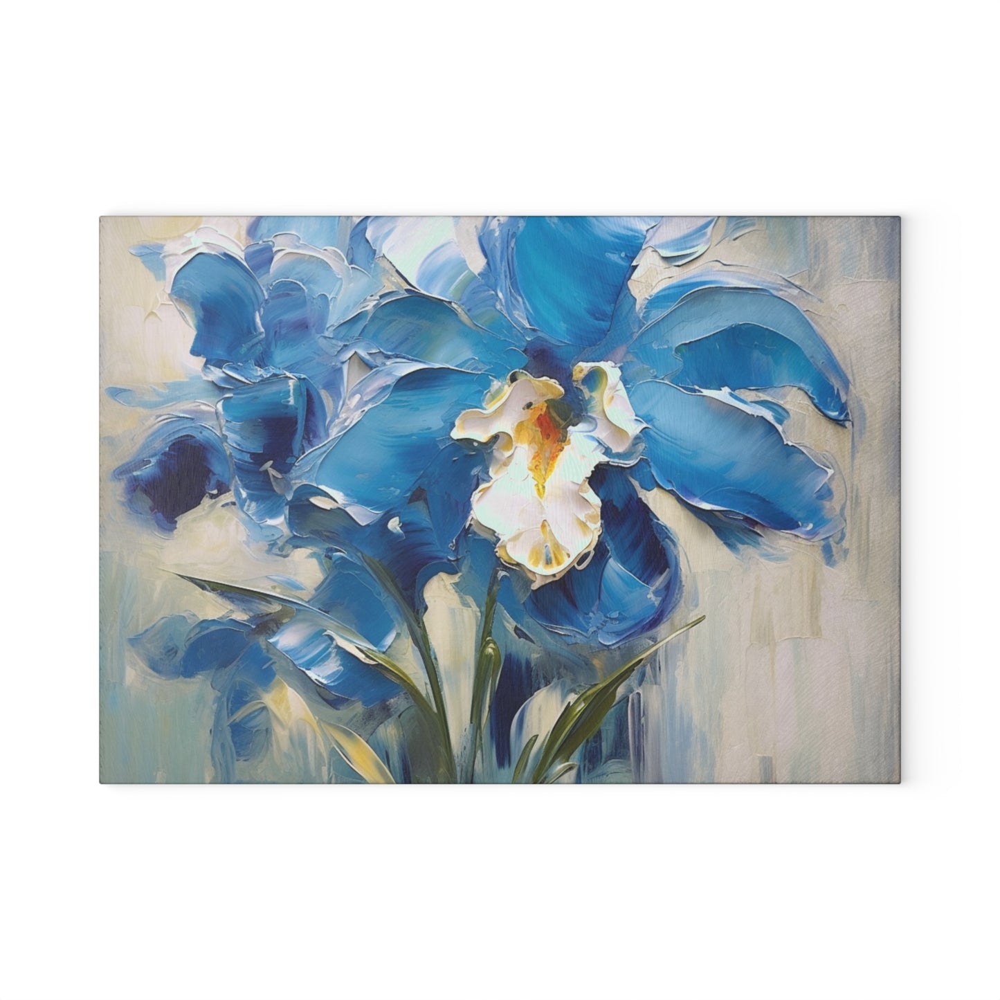 Embrace Artistic Expression with Blue Orchid Abstract Painting Glass Cutting Board