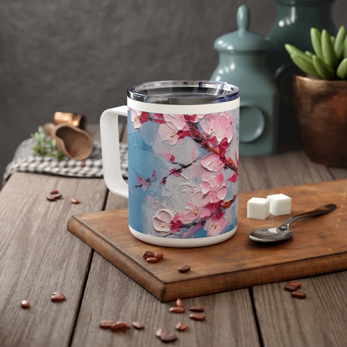 Insulated Coffee Mug with Abstract Cherry Blossom Drawing: Embrace the Serenity