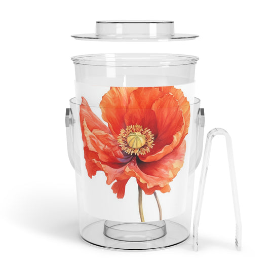 Elegant Floral Watercolor Ice Bucket with Tongs: Embrace the Serenity of Poppy Flowers