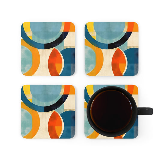 Midcentury Modern Geometric Delight: Corkwood Coaster Set with Abstract Influences