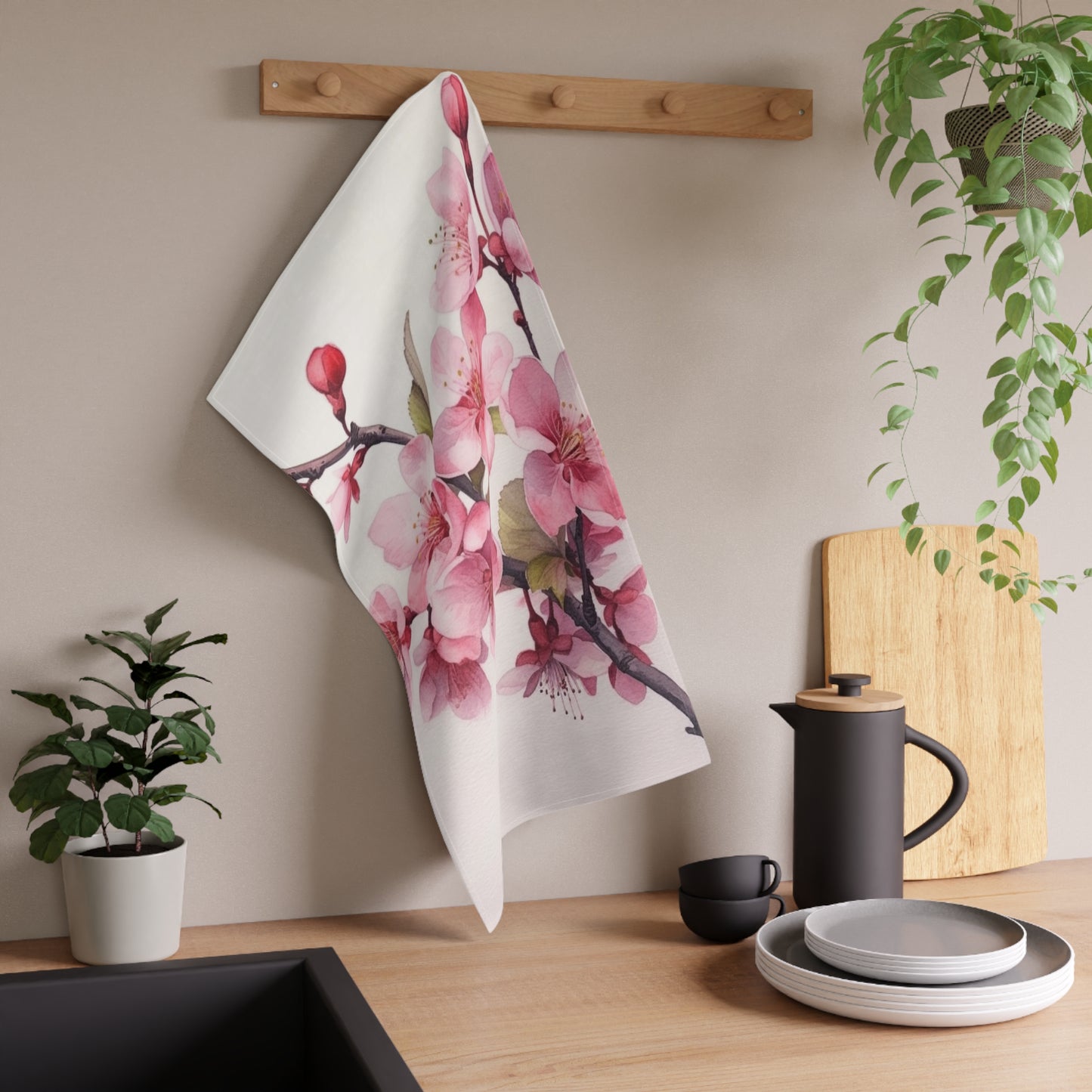 Artistic Flourish: Floral Watercolor Cherry Blossom Kitchen Towel