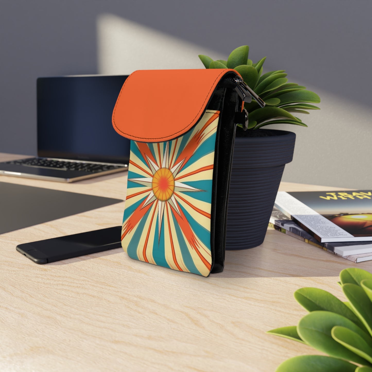 Midcentury Modern Chic: Starburst Small Cell Phone Wallet with Abstract Art Influences