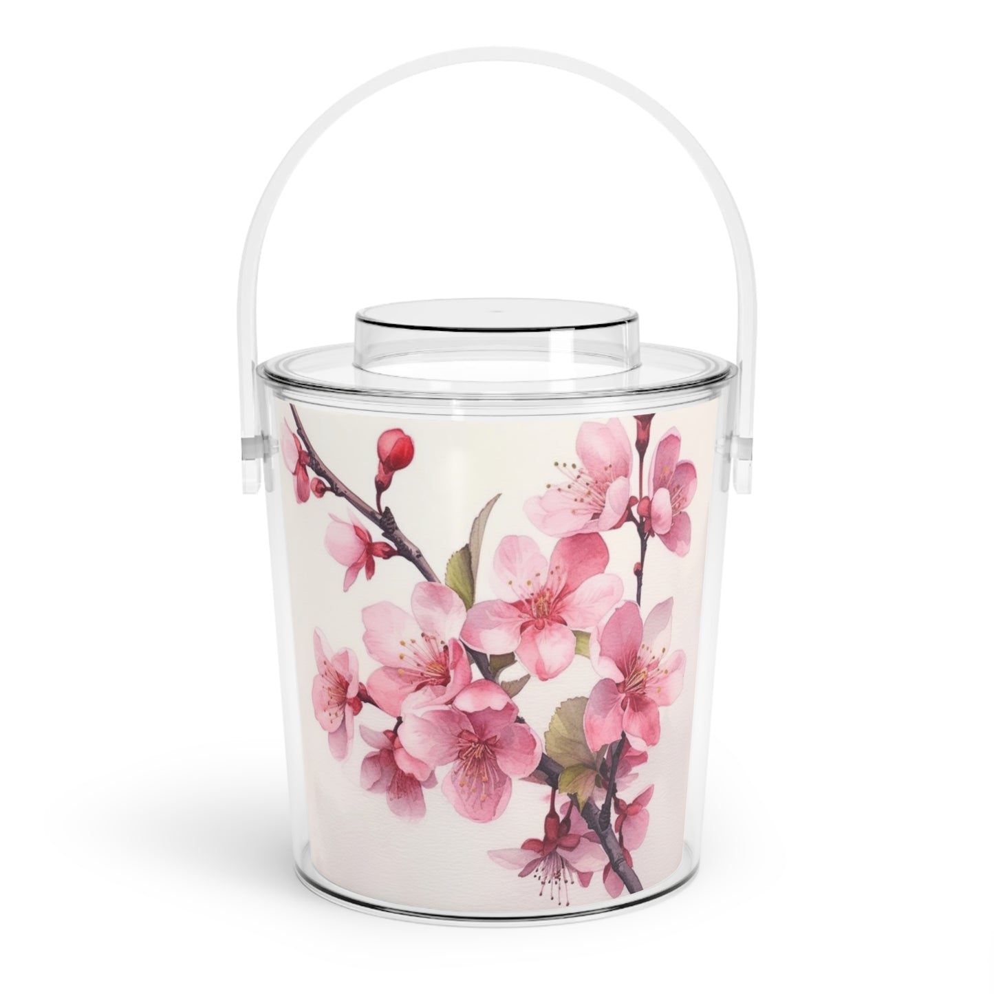 Artistic Flourish: Floral Watercolor Cherry Blossom Ice Bucket with Tongs