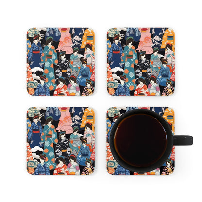 Kimono Dreams Corkwood Coaster Set: Experience Japanese Elegance