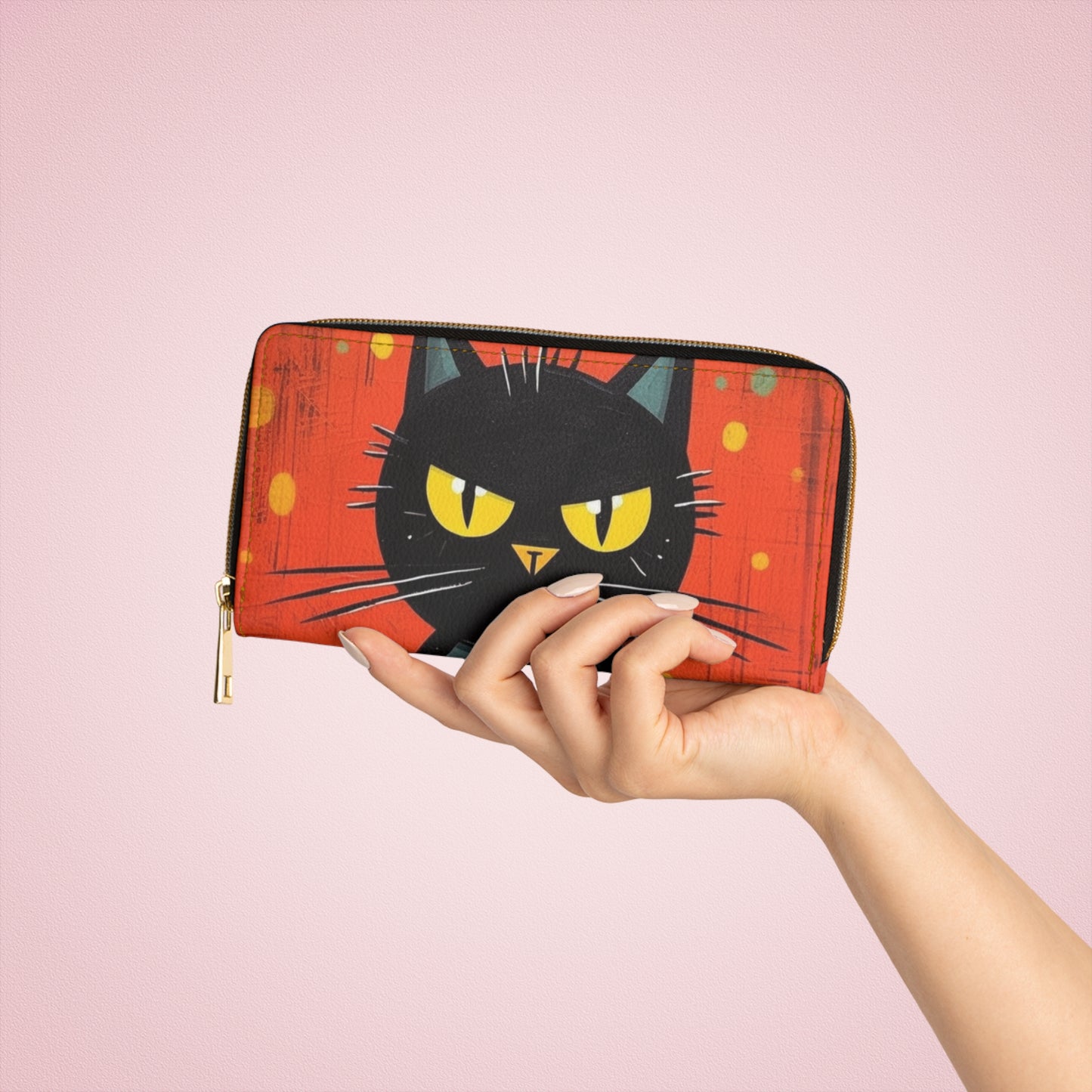 Fashionably Retro Feline: Midcentury Modern Zipper Wallet with a Vintage Cat-Inspired Flair