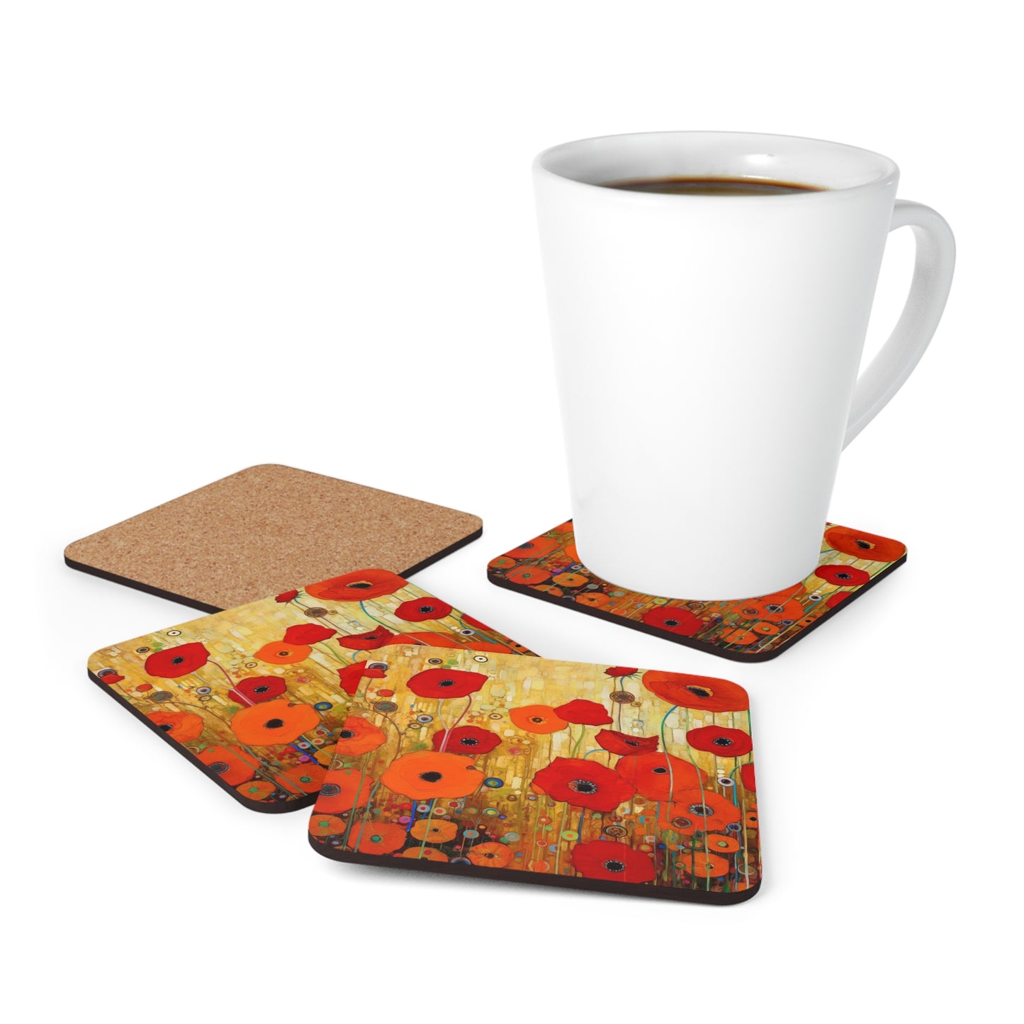 Floral Symphony: Corkwood Coaster Set showcasing Gustav Klimt's Poppies in Art Nouveau