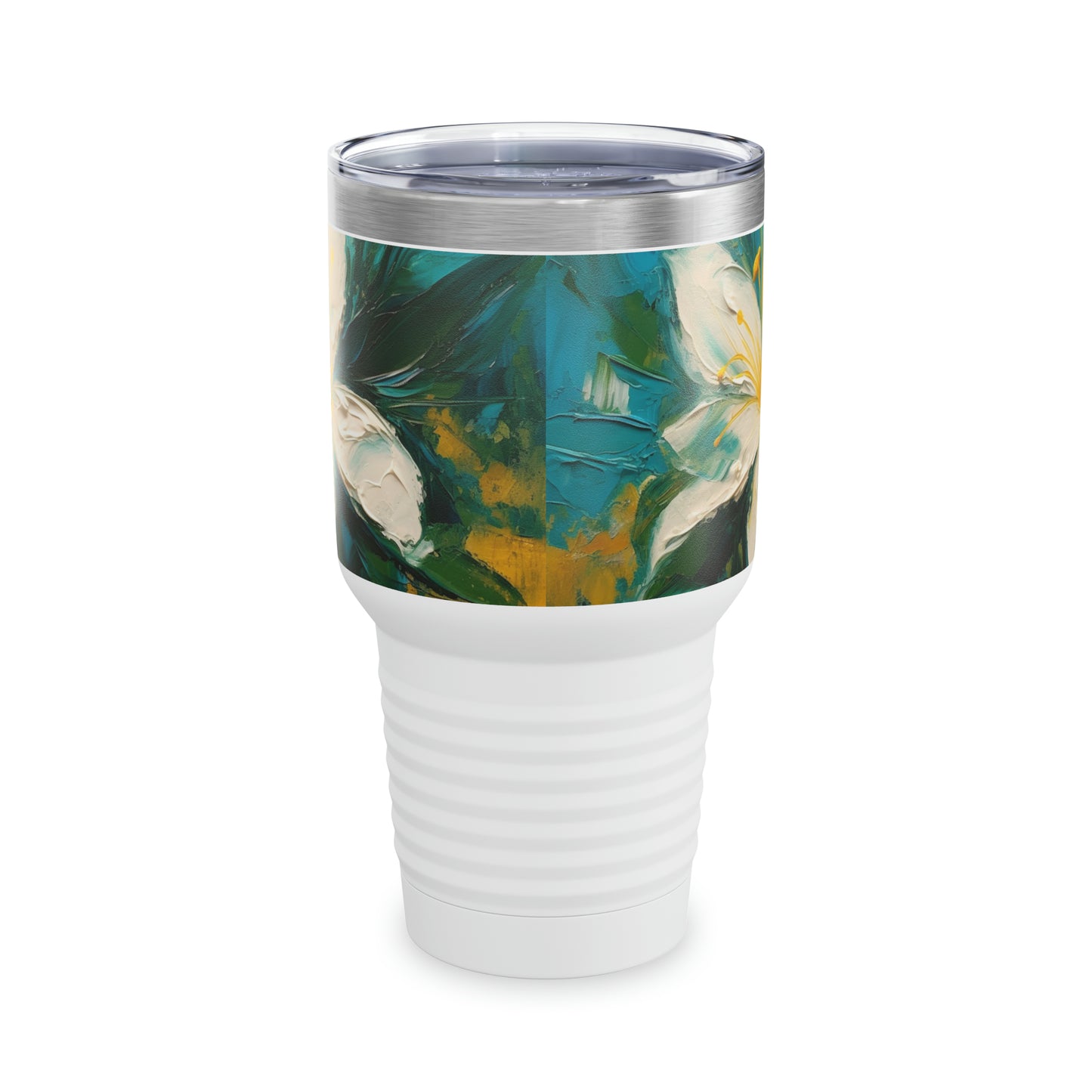 Floral Fusion: Abstract Oil Painting of Jasmine adorning Ringneck Tumbler