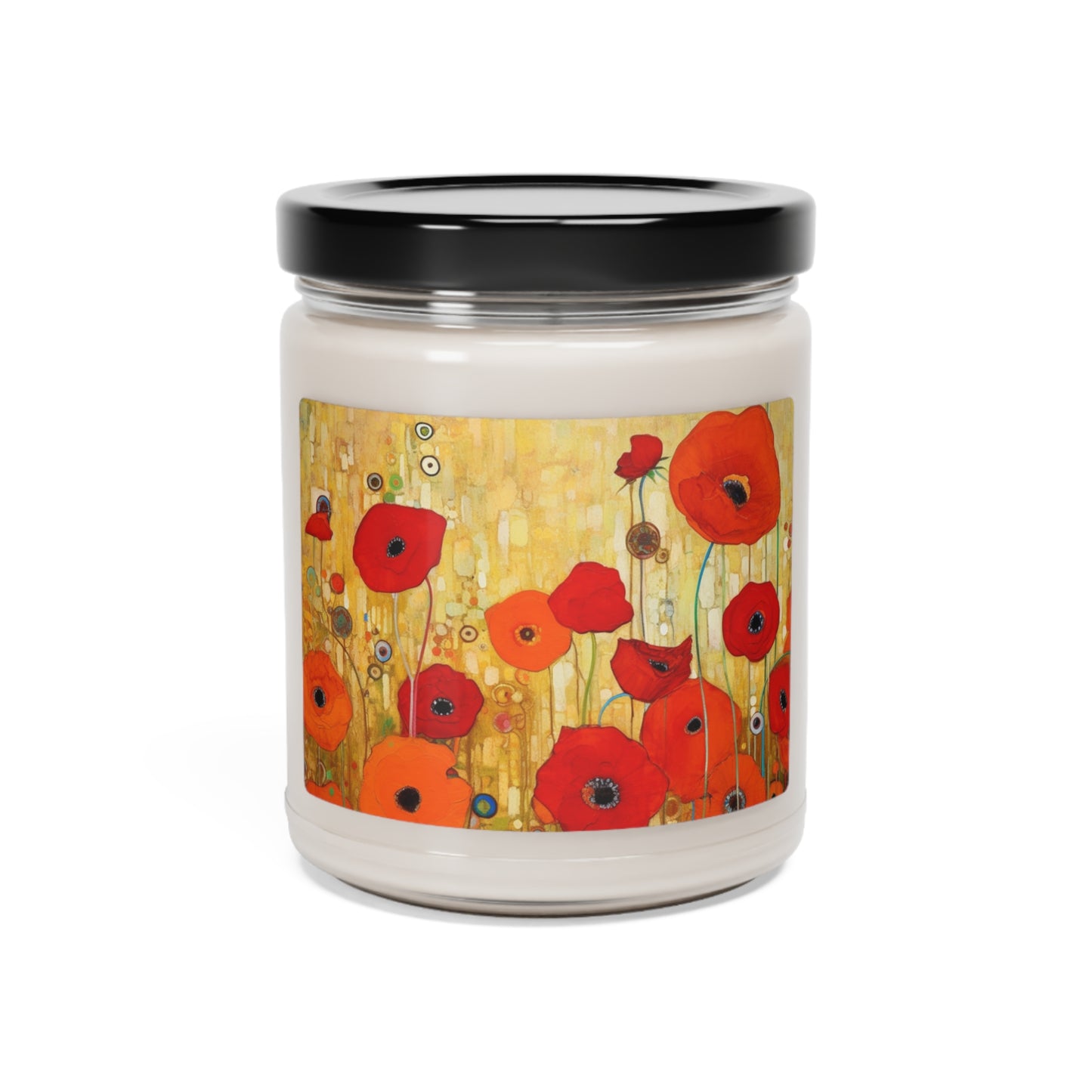 Floral Symphony: Scented Soy Candle showcasing Gustav Klimt's Poppies in Art Nouveau