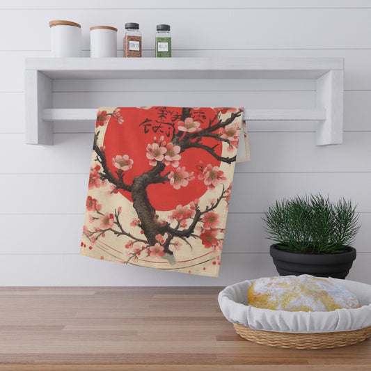 Nature's Brushstrokes: Kitchen Towel Featuring Captivating Cherry Blossom Drawings