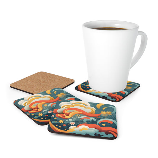 Midcentury Abstract Bliss: Corkwood Coaster Set with Modern Abstract Art and Vintage Fashion Vibes