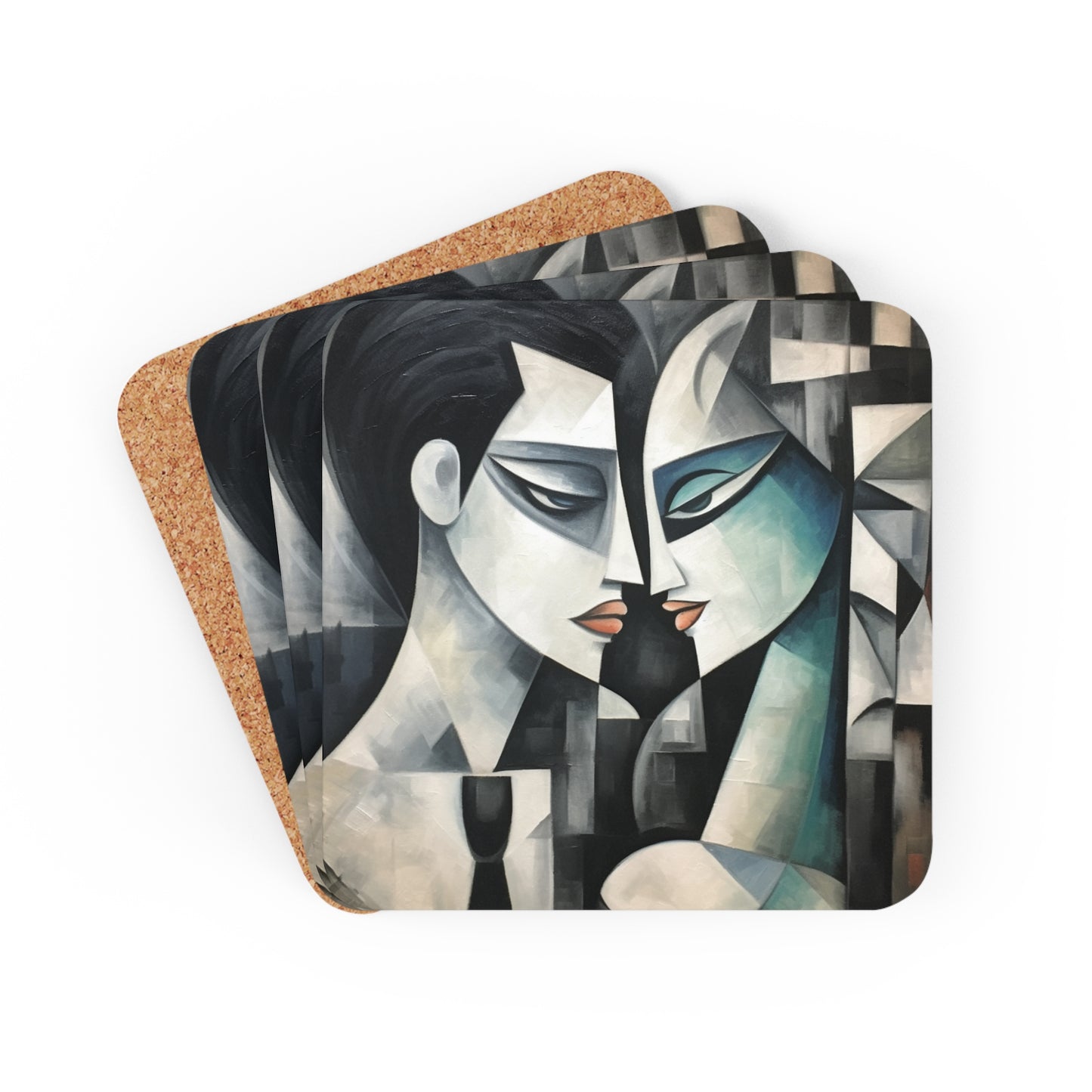 Corkwood Coaster Set with Cubist Art: Artistic Finesse and Abstract Flair