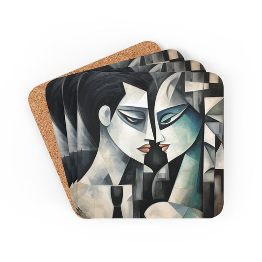 Corkwood Coaster Set with Cubist Art: Artistic Finesse and Abstract Flair