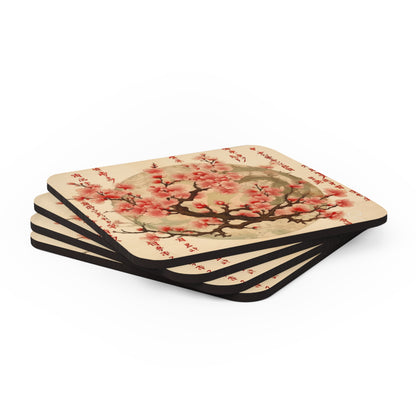 Whimsical Blossom Dreams: Corkwood Coaster Set with Delightful Flower Drawings and Cherry Blossoms