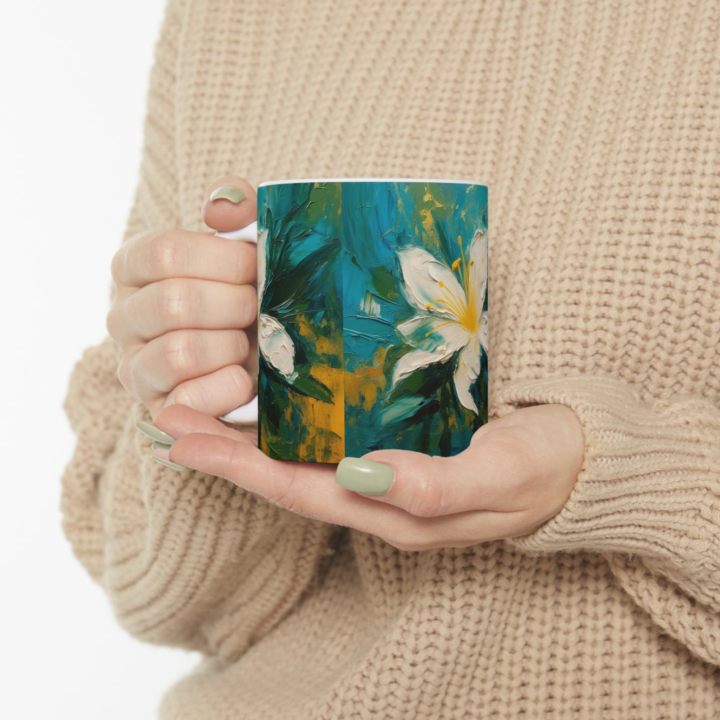 Floral Symphony: Ceramic Mug featuring an Abstract Oil Painting of Jasmine