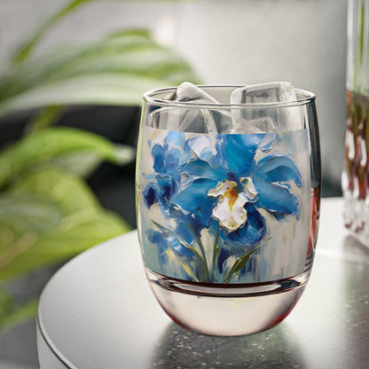 Embrace Artistic Expression with Blue Orchid Abstract Painting Whiskey Glass