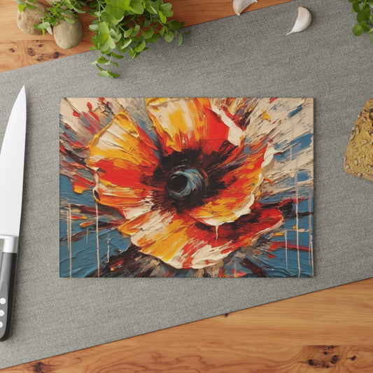 Poppy Symphony: Glass Cutting Board with Abstract Floral Artwork