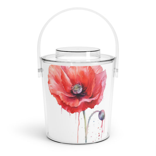 Poppy-Inspired Watercolor Ice Bucket with Tongs: A Delicate Blend of Art