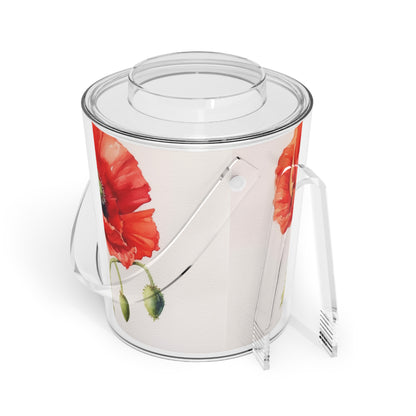 Vibrant Watercolor Poppy Ice Bucket with Tongs: Beauty of Nature