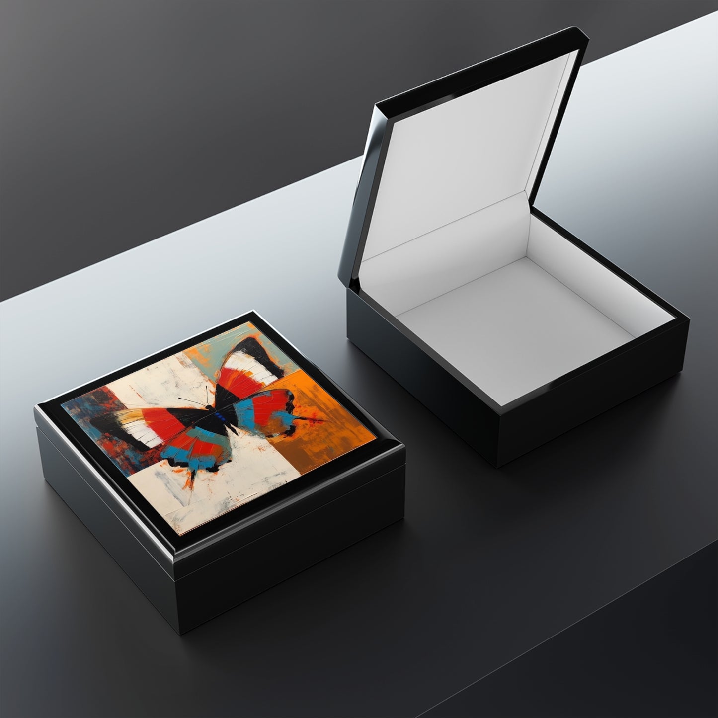 Bauhaus-Inspired Butterfly Symphony: Jewelry Box with Vibrant Colors and Intricate Details