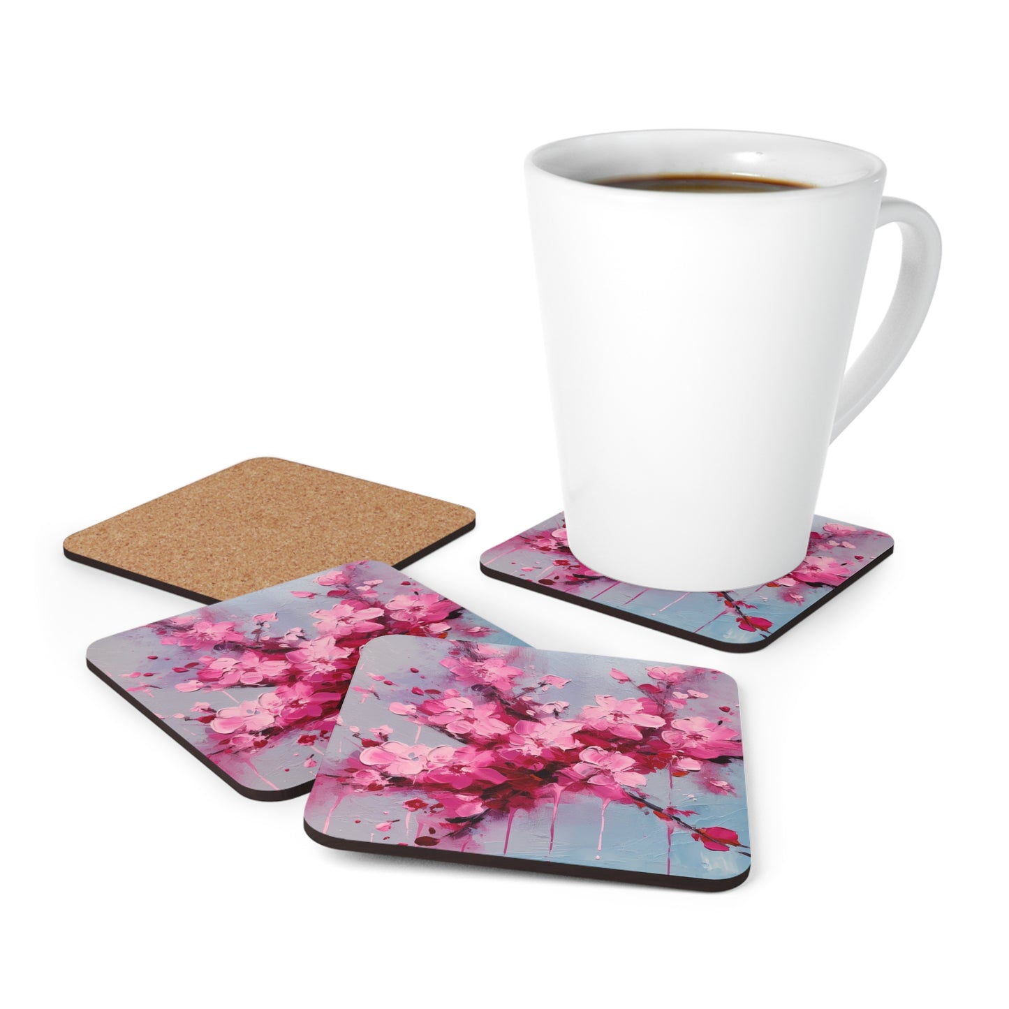 Corkwood Coaster Set with Cherry Blossom Art