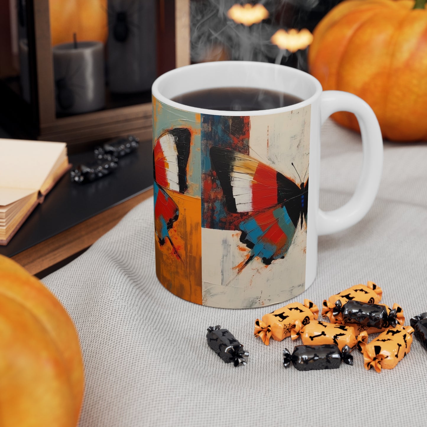 Bauhaus Butterfly Symphony: Ceramic Mug with Vibrant Colors and Intricate Details