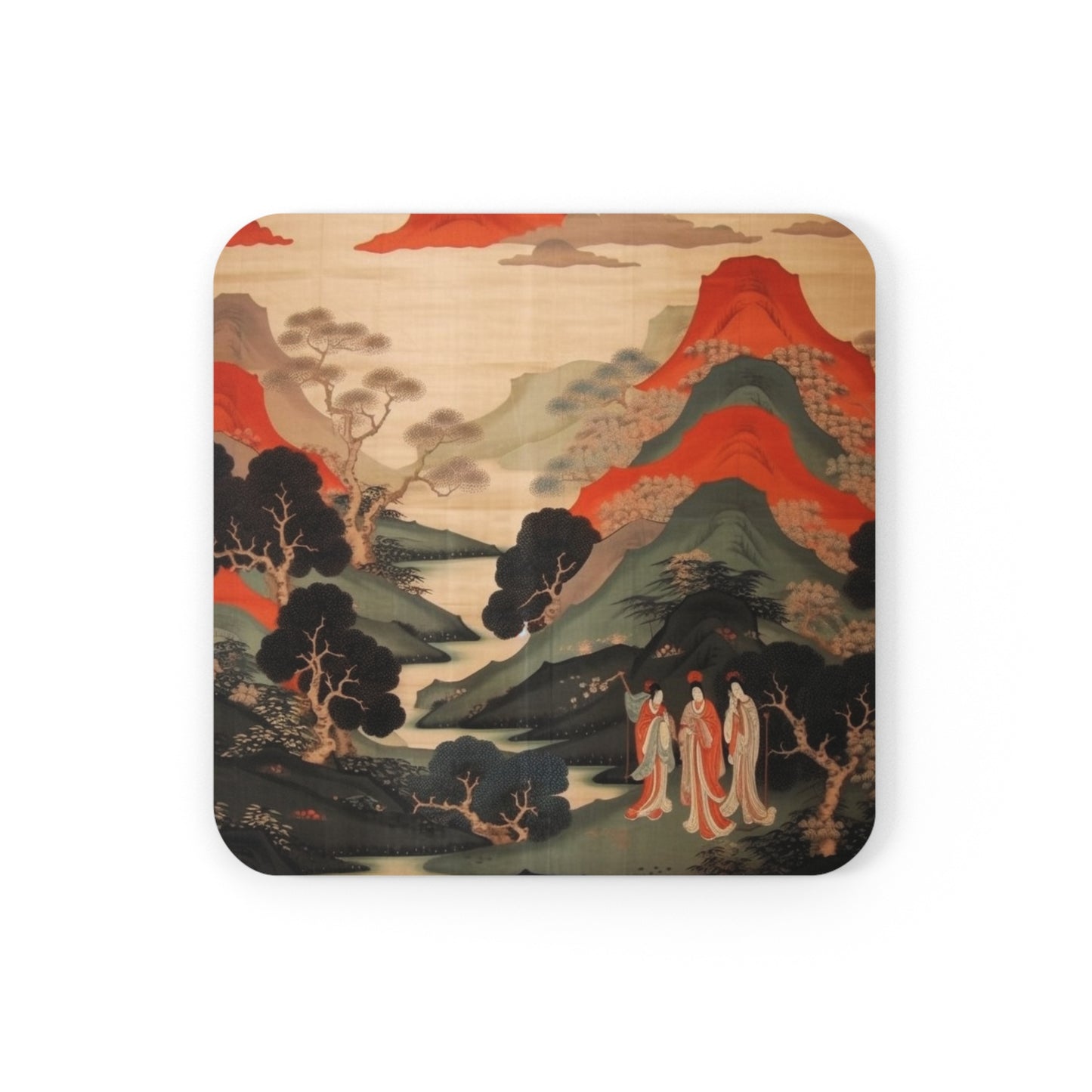 Custom Japanese Tapestry on a Corkwood Coaster Set - Unique Artistic Expression