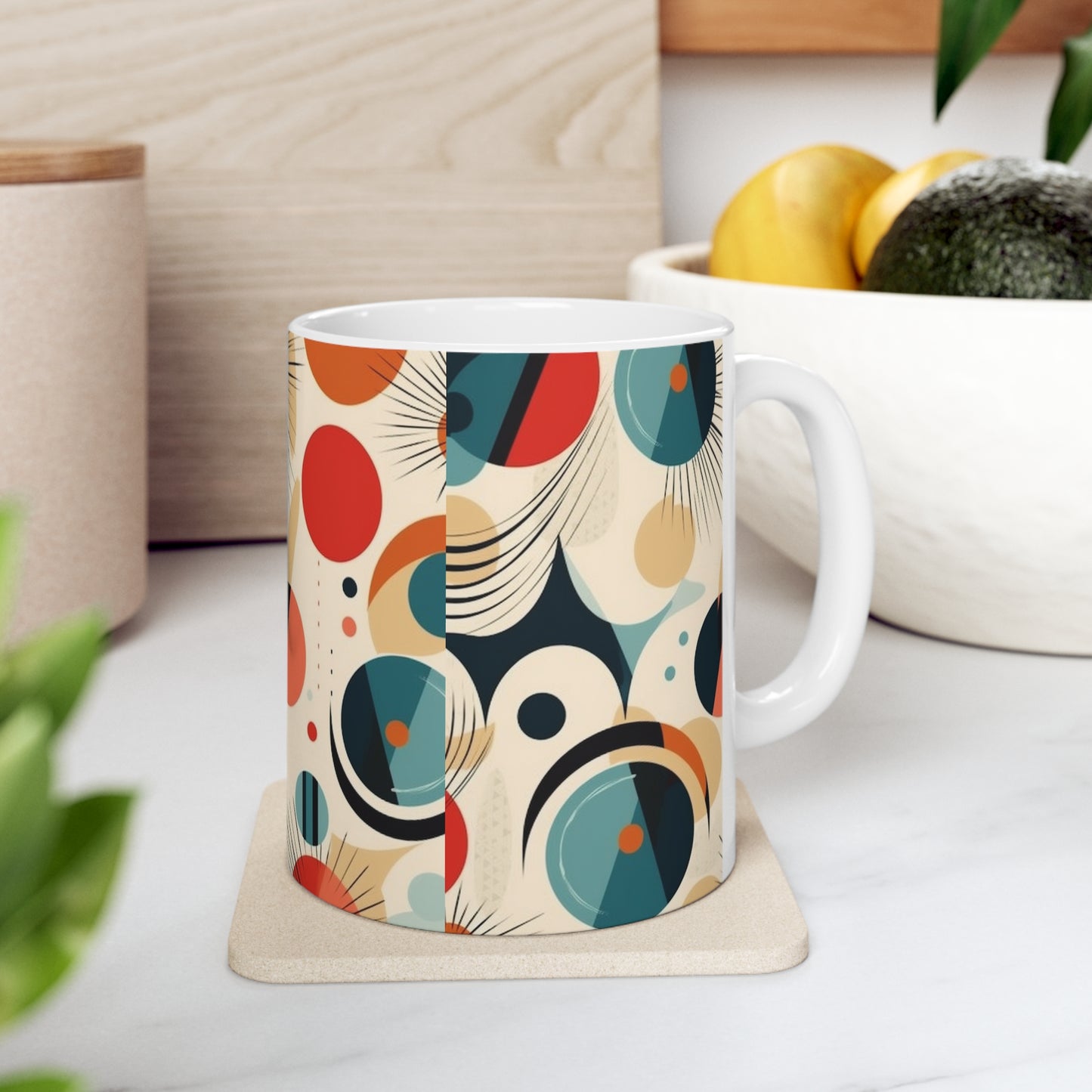 Midcentury Modern Delight: Ceramic Mug with Abstract Art and Atomic Age Design