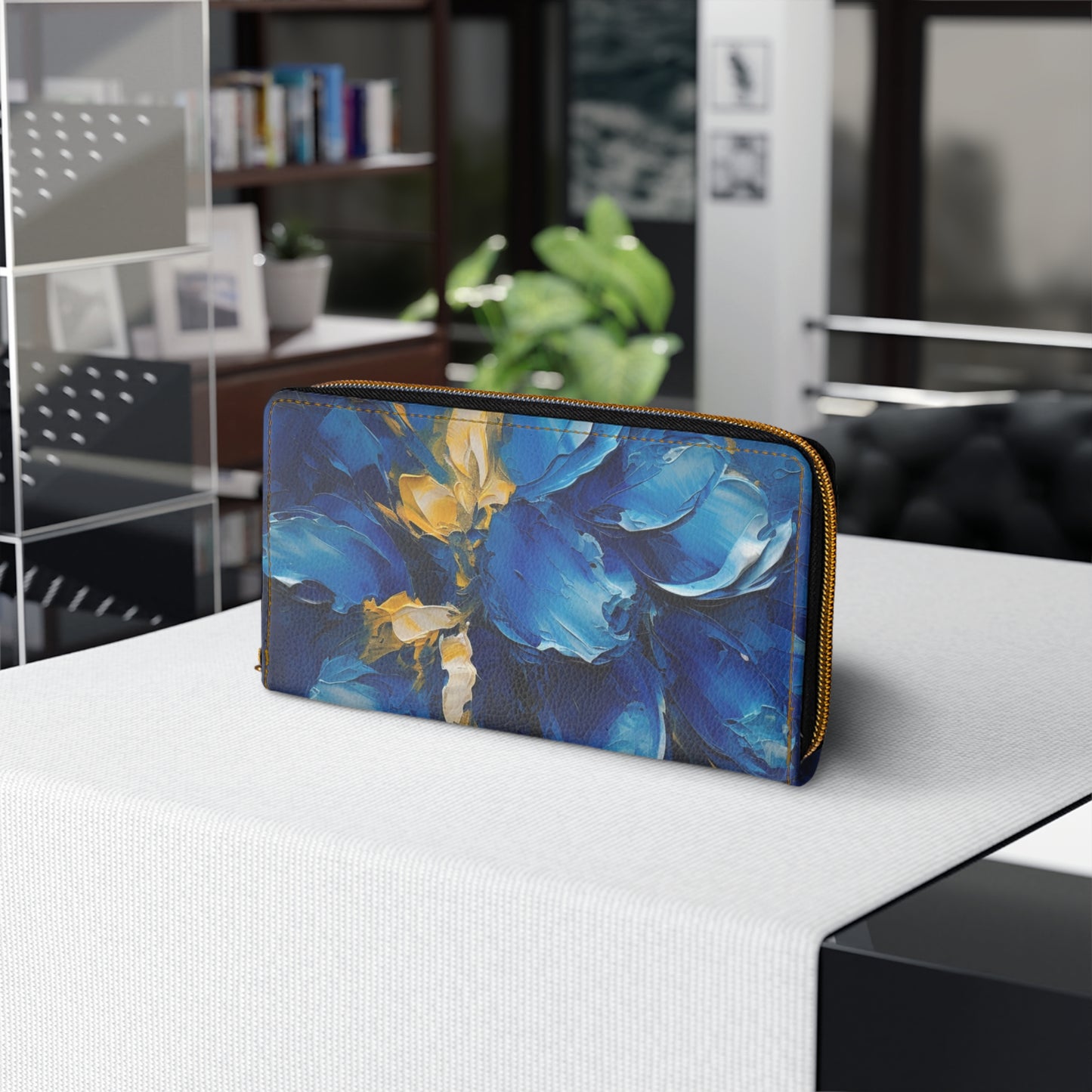 Abstract Wallpaper Zipper Wallet: Immersive Floral Beauty with Blue Orchid Motif