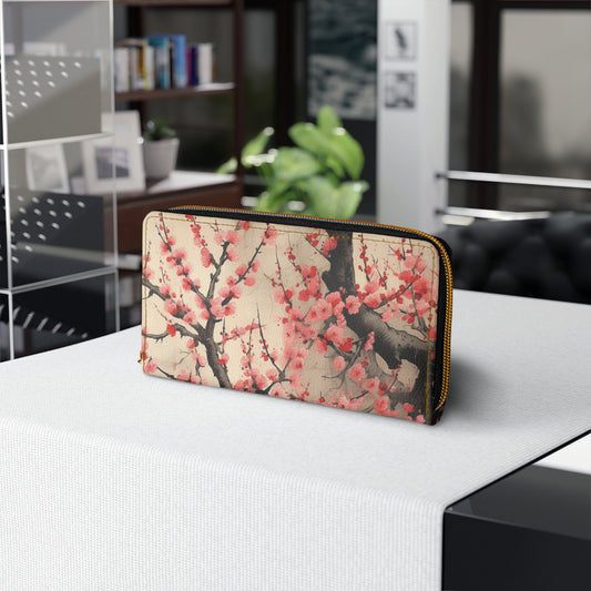 Radiant Blossom Revival: Zipper Wallet Showcasing Vibrant Cherry Blossom Art and Drawings