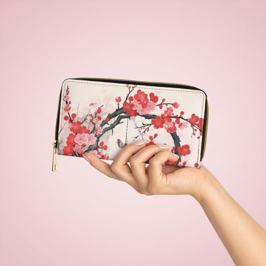 Cherry Blossom Delight: Zipper Wallet Adorned with Intricate Flower Drawings and Artistry