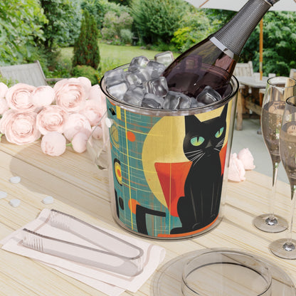 Abstract Cat Expressions: Modern Art-Inspired Midcentury Modern Ice Bucket with Tongs with Timeless Atomic Age Design