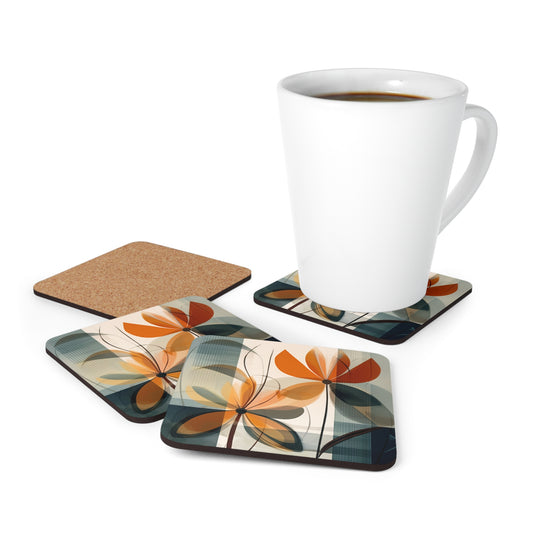 Botanical Chic: Flower Drawings and Minimalist Corkwood Coaster Set Design with Midcentury Flair