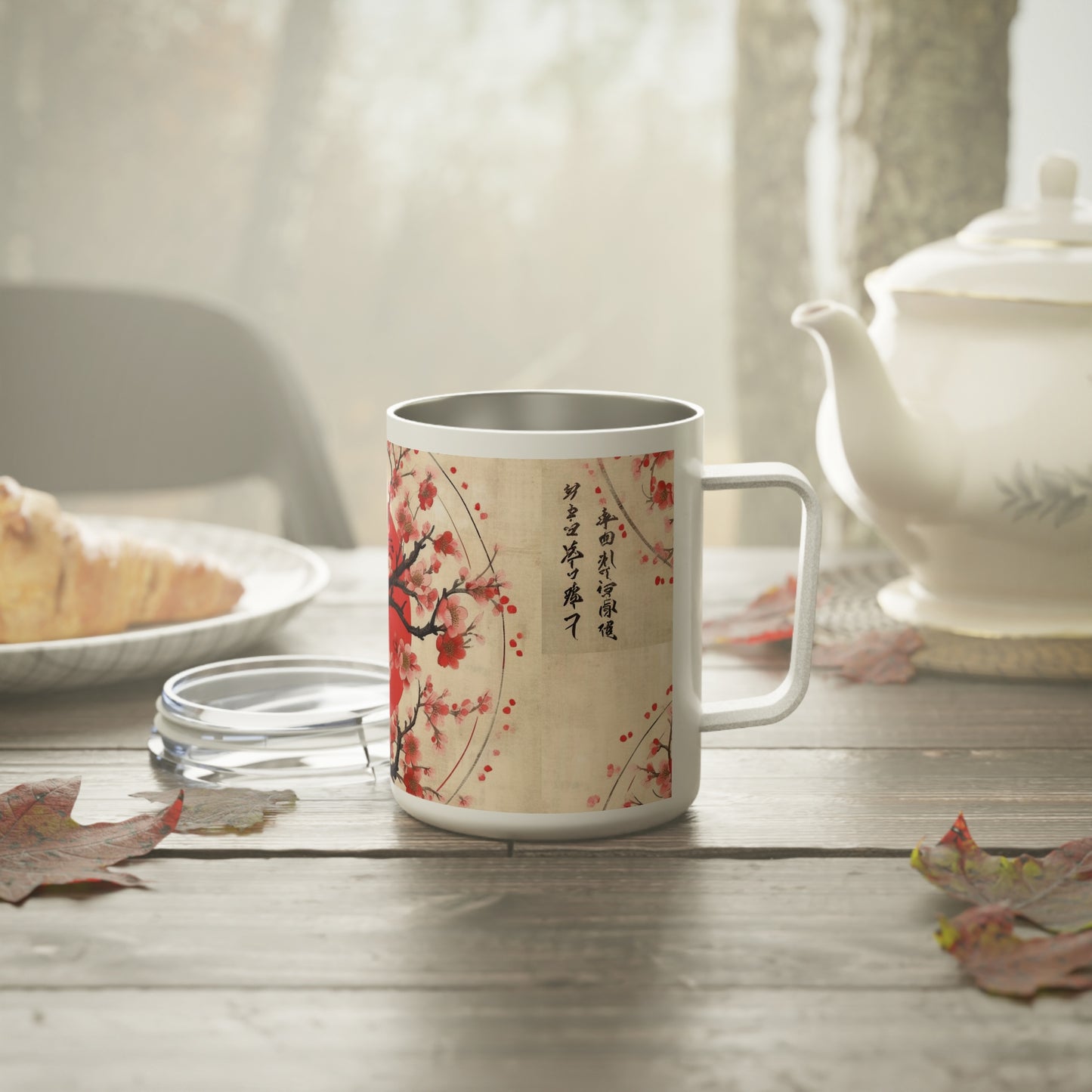 Nature's Brushstrokes: Insulated Coffee Mug Featuring Captivating Cherry Blossom Drawings