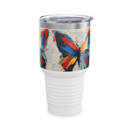 Abstract Art Lovers: Ringneck Tumbler with Bauhaus-Inspired Butterfly Delight