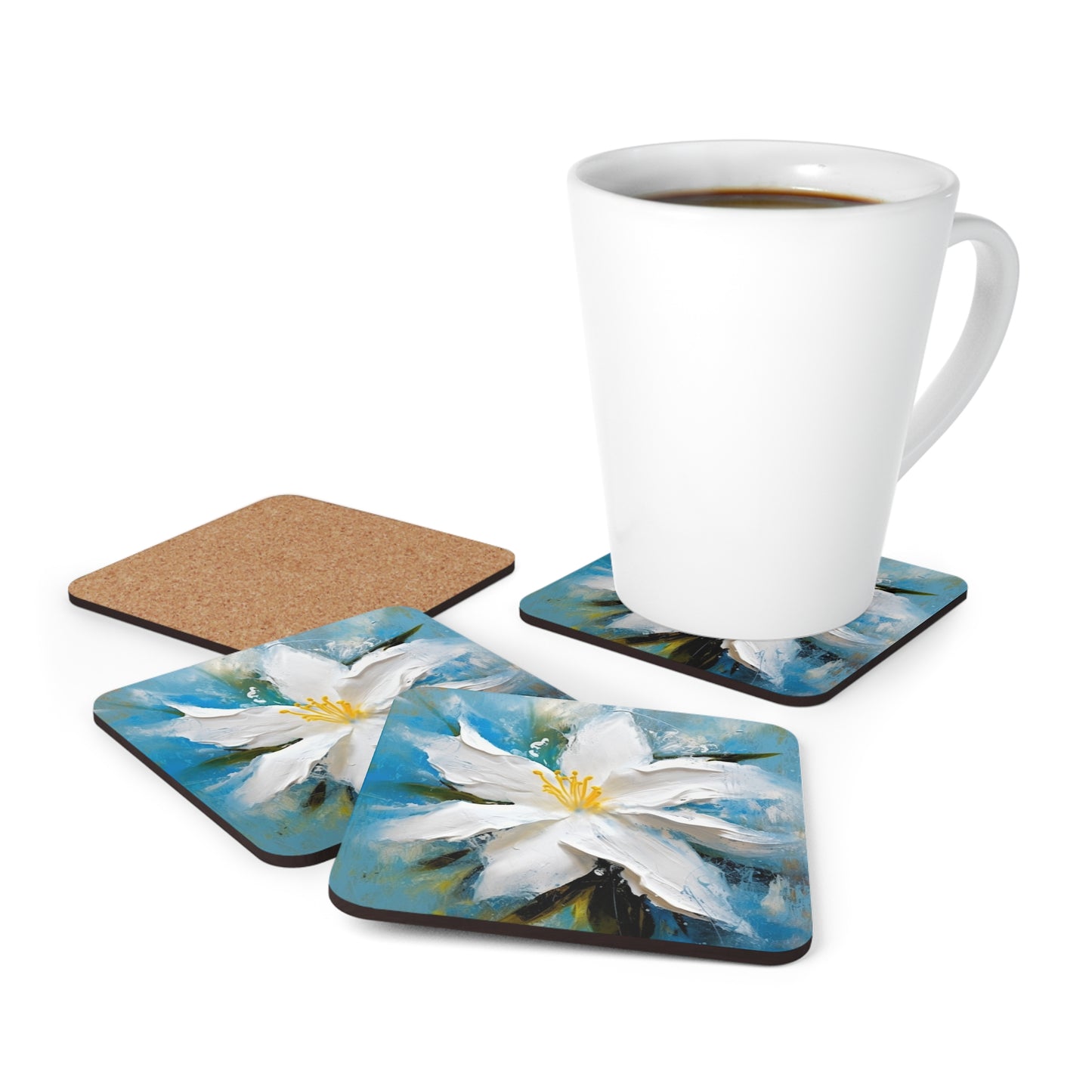 Ethereal Elegance: Corkwood Coaster Set featuring an Abstract Oil Painting of Jasmine