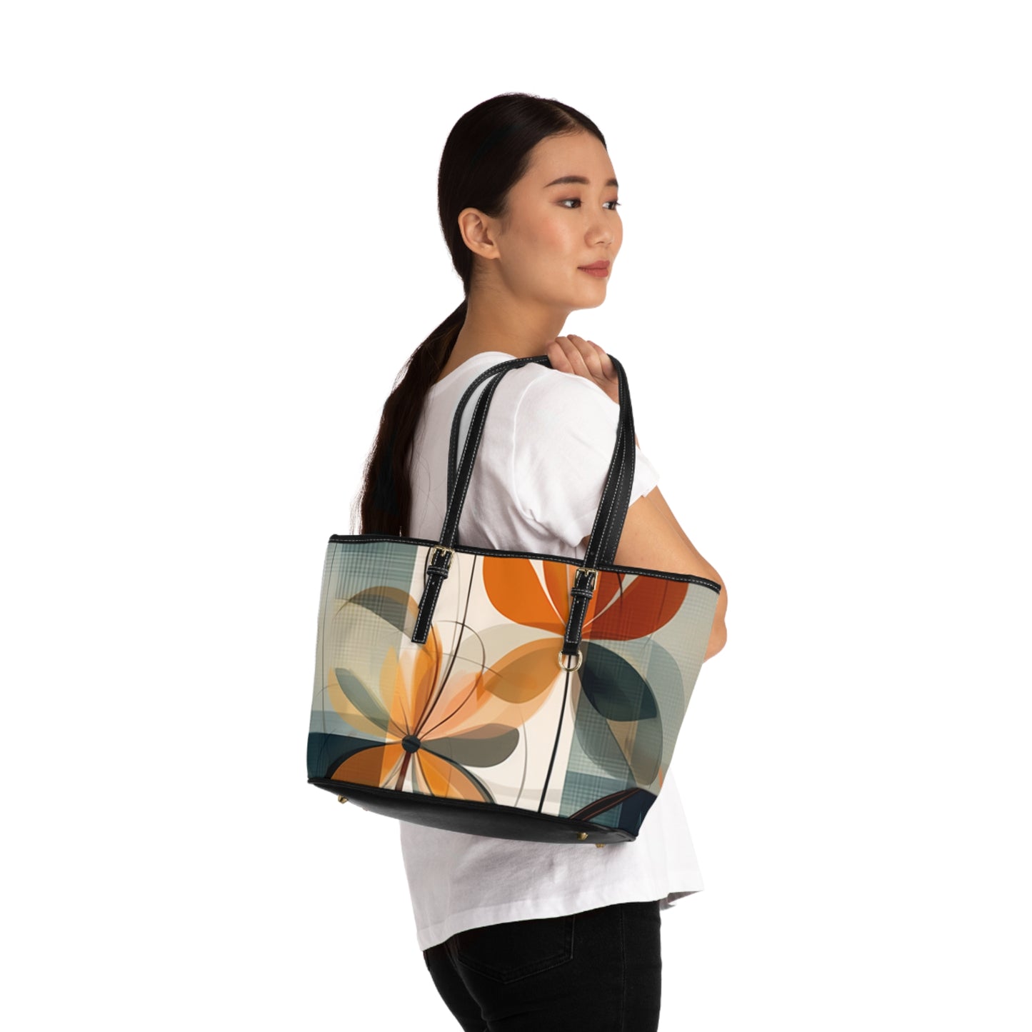 Botanical Chic: Flower Drawings and Minimalist PU Leather Shoulder Bag Design with Midcentury Flair