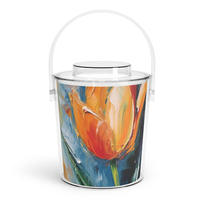 Orange Tulip Magic on Ice Bucket with Tongs: A Blossoming Artistic Delight