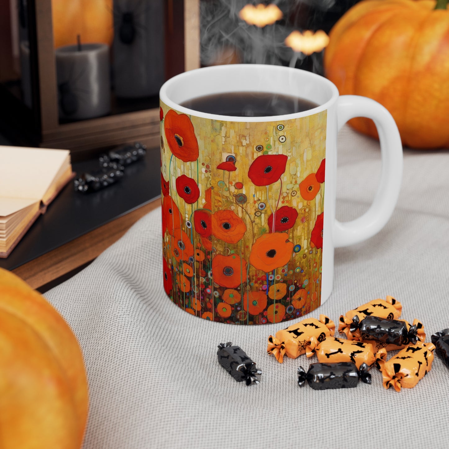 Floral Symphony: Ceramic Mug showcasing Gustav Klimt's Poppies in Art Nouveau