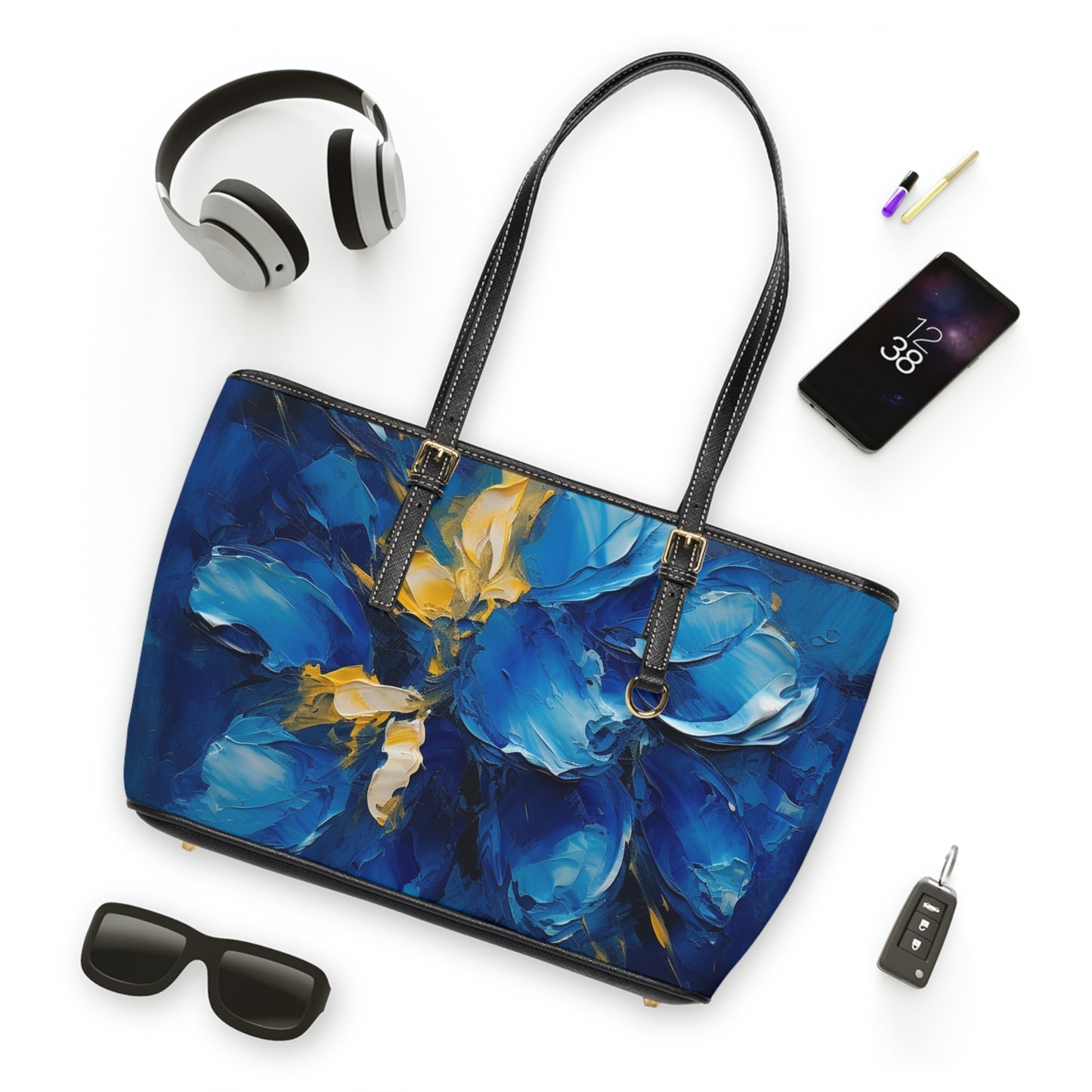 Abstract Wallpaper PU Leather Shoulder Bag: Immersive Floral Beauty with Blue Orchid Motif