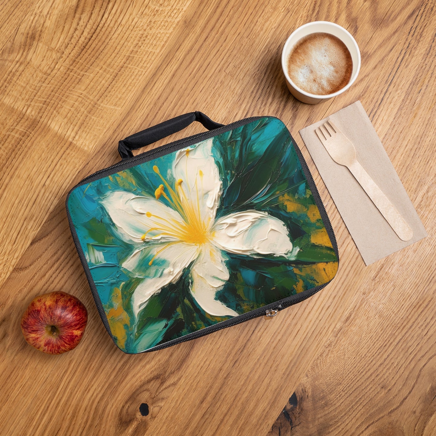 Floral Symphony: Lunch Bag featuring an Abstract Oil Painting of Jasmine