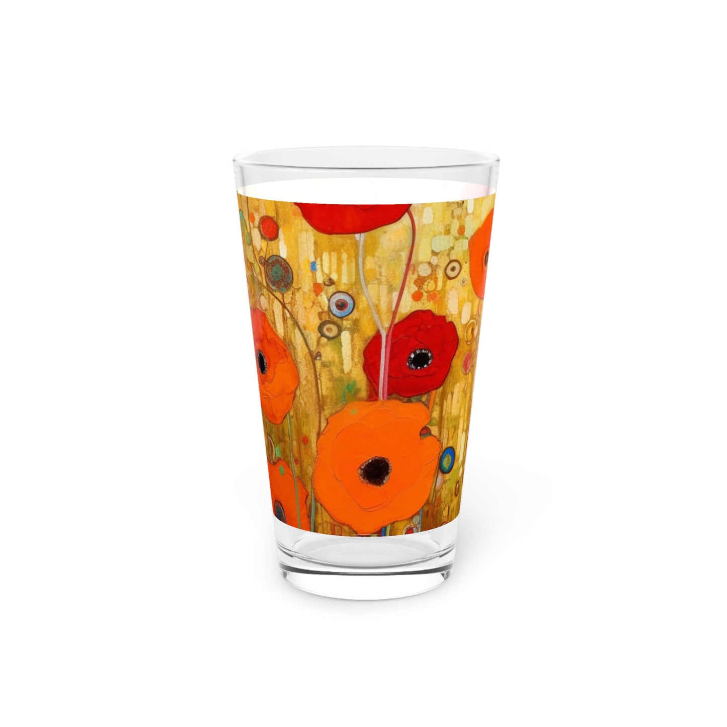 Floral Symphony: Pint Glass showcasing Gustav Klimt's Poppies in Art Nouveau