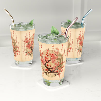 Whimsical Blossom Dreams: Pint Glass with Delightful Flower Drawings and Cherry Blossoms