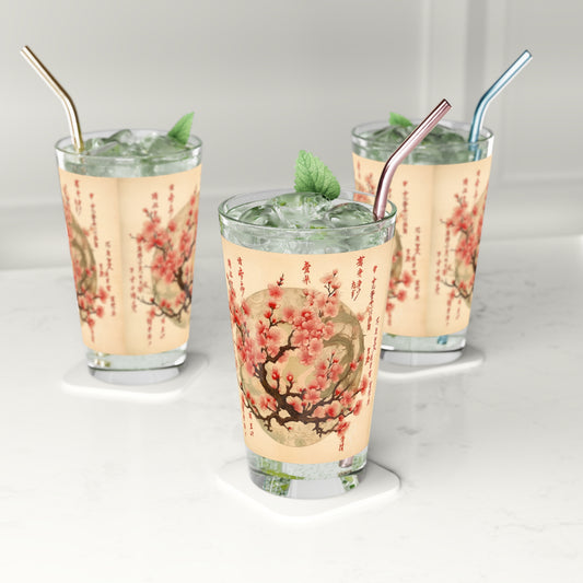 Whimsical Blossom Dreams: Pint Glass with Delightful Flower Drawings and Cherry Blossoms